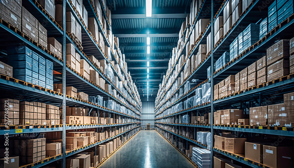 Seamless Logistics, A Warehouse Distribution Center, Long Shelves with Boxes, Generative AI Seamless Logistics, A Warehouse Distribution Center, Long Shelves with Boxes, Generative AI