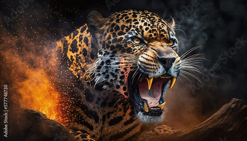 The Majesty of the Beast: An Angry Jaguar with Fire and Smoke, Apex Predator, Generative AI photo
