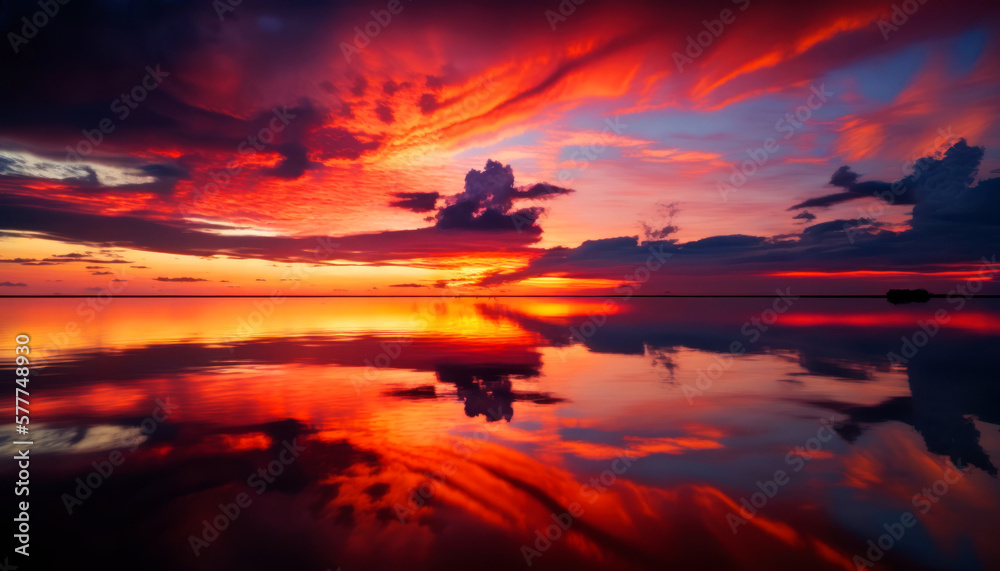 This stunning Image captures the dramatic beauty of a sunset as the sky is mirrored in the clear waters below. -- Perfect Holyday destination for summer Generative AI.	