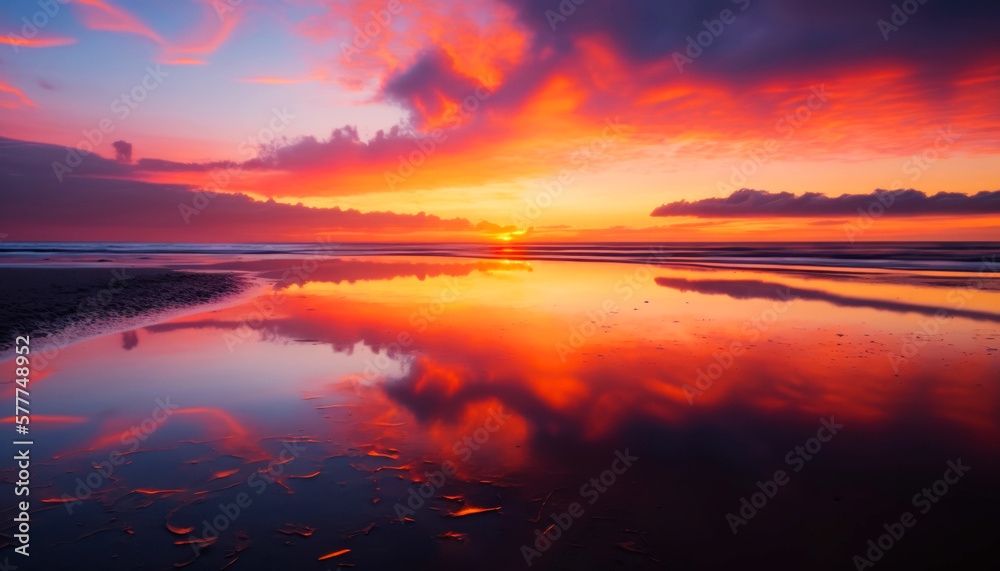 This stunning Image captures the dramatic beauty of a sunset as the sky is mirrored in the clear waters below.  -- Perfect Holyday destination for summer Generative AI.	