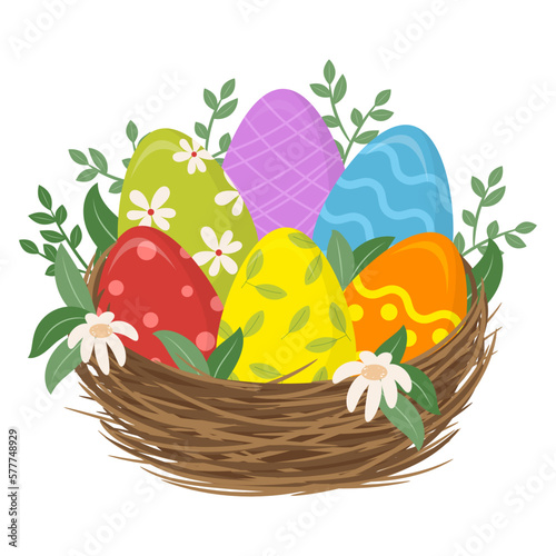 Easter Eggs in Nest Vector Spring Illustration.