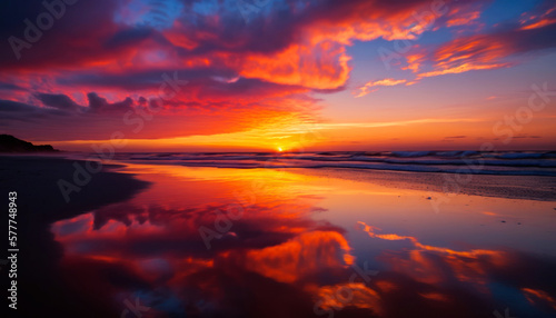 This stunning Image captures the dramatic beauty of a sunset as the sky is mirrored in the clear waters below. -- Perfect Holyday destination for summer Generative AI. 