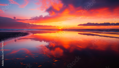 This stunning Image captures the dramatic beauty of a sunset as the sky is mirrored in the clear waters below. -- Perfect Holyday destination for summer Generative AI. 