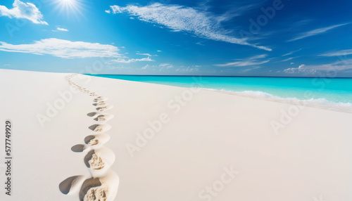  On a Beach , close-up shot of footprints in white sand leading towards the horizon In a bright summer day. -- Perfect Holyday destination for summer Generative AI.