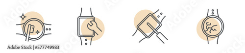 Smartwatch repair service modern icon set, watch fixing concept, digital clock vector icons, watch cleaning emblems, display crack symbols isolated on white background