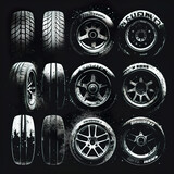 Car tires at different angles, top and side views.