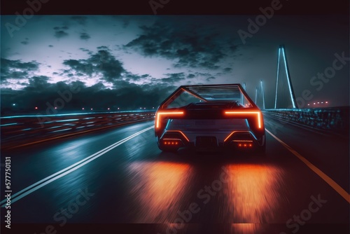 Cyber neon driving green power sport car with hybrid technology automotive in futuristic. Concept of light glowing on dark city view in night life. Finest generative AI.