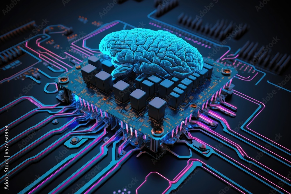 3D rendering of artificial intelligence hardware concept. Glowing blue