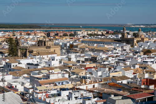Air view of Sanlucar de Barrameda, where we can see some of its streets, houses and traditional buildings. Tourist village of the province of Cadiz. Autonomous Community of Andalucia. Spain. © juanorihuela