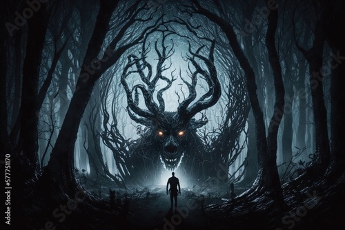 silhouette of a man in a scary forest with monsters. AI generated