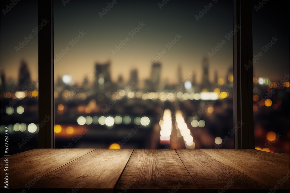 Empty wooden table with large window view through cityscape background. Concept of building office or condominium outside perspective. Finest generative AI. - obrazy, fototapety, plakaty 