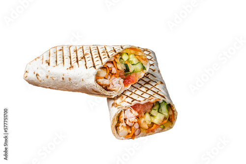 Shawarma durum doner kebab with meat and vegetable salad.  Isolated, transparent background photo