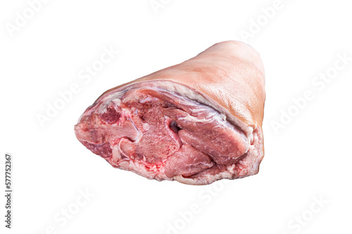 Uncooked Raw pork ham hocks, shanks on a wooden board with spices. Isolated, transparent background