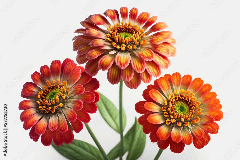 Beautiful Isolated Zinnias on White Background - Perfect for Decoration and Celebrations. Generative AI