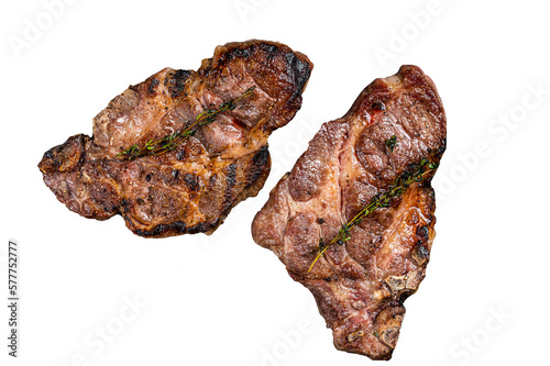 BBQ Grilled Pork loin steaks, neck meat. Isolated, transparent background