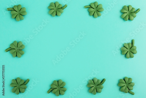 saint patrick day background, green shamrocks frame, copy space, place for text