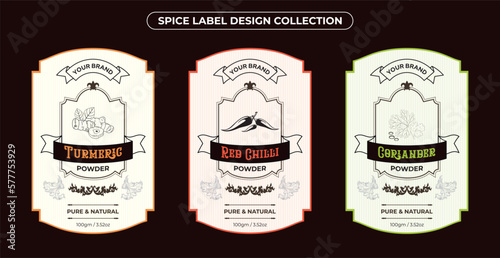 Set of vintage spice label design, vintage style, food, spices, Red Chilli Powder, Turmeric Powder, Coriander Powder. Pure and natural farm fresh, hand drawn vector illustration