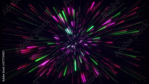 Abstract, amazing, beautiful and neon lines move endlessly toward the viewer. An explosion of colorful and monochromatic neon parts and their movement toward the camera. Lots of lines flying forward