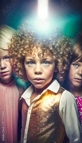 Group of kids are at a disco party, surrounded by colorful lights that dance and flash to the beat of the music. 