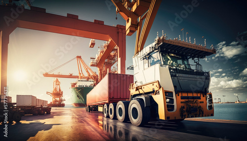 A massive cargo truck is seen on a highway, hauling goods from a busy harbor. The truck's flatbed is loaded with shipping containers, and the driver sits behind the wheel