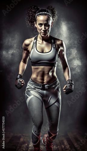 A fit girl in a training gym, donning sportswear, flexes her toned muscles. Sweat beads on her skin as she lifts weights with ease © Polarpx