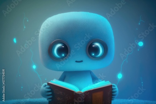 Cute surprised robot child after reading in a book on blue background. Generative AI