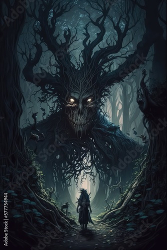 Fantasy book cover. Children`s book cover. A dark, twisted forest, with gnarled trees and sinister creatures lurking in the shadows. Generative ai.