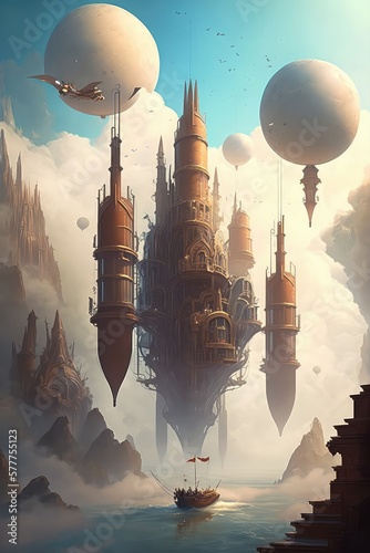 Fantasy book cover. Children`s book cover. A mystical city, full of flying airships and towering spires, floating above a sea of clouds. Generative ai.