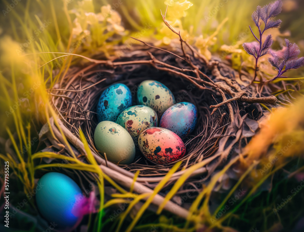 Happy Easter background concept with easter eggs in nest and spring flowers created with Generative AI technology Happy Easter background concept with easter eggs in nest and spring flowers created with Generative AI technology
