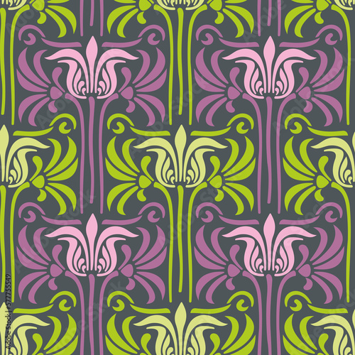 The vector illustration of Damask flowers in a seamless repeat pattern for wallpaper, backdrops, and various surfaces.