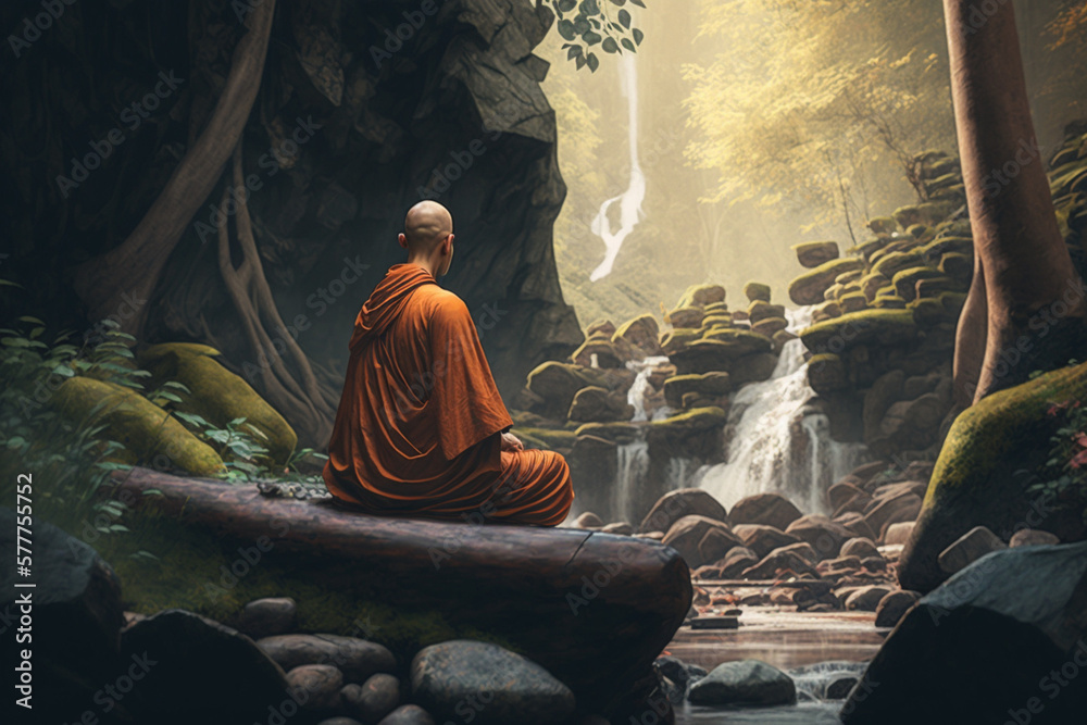 Buddhist monk meditating near a waterfall - obrazy, fototapety, plakaty 