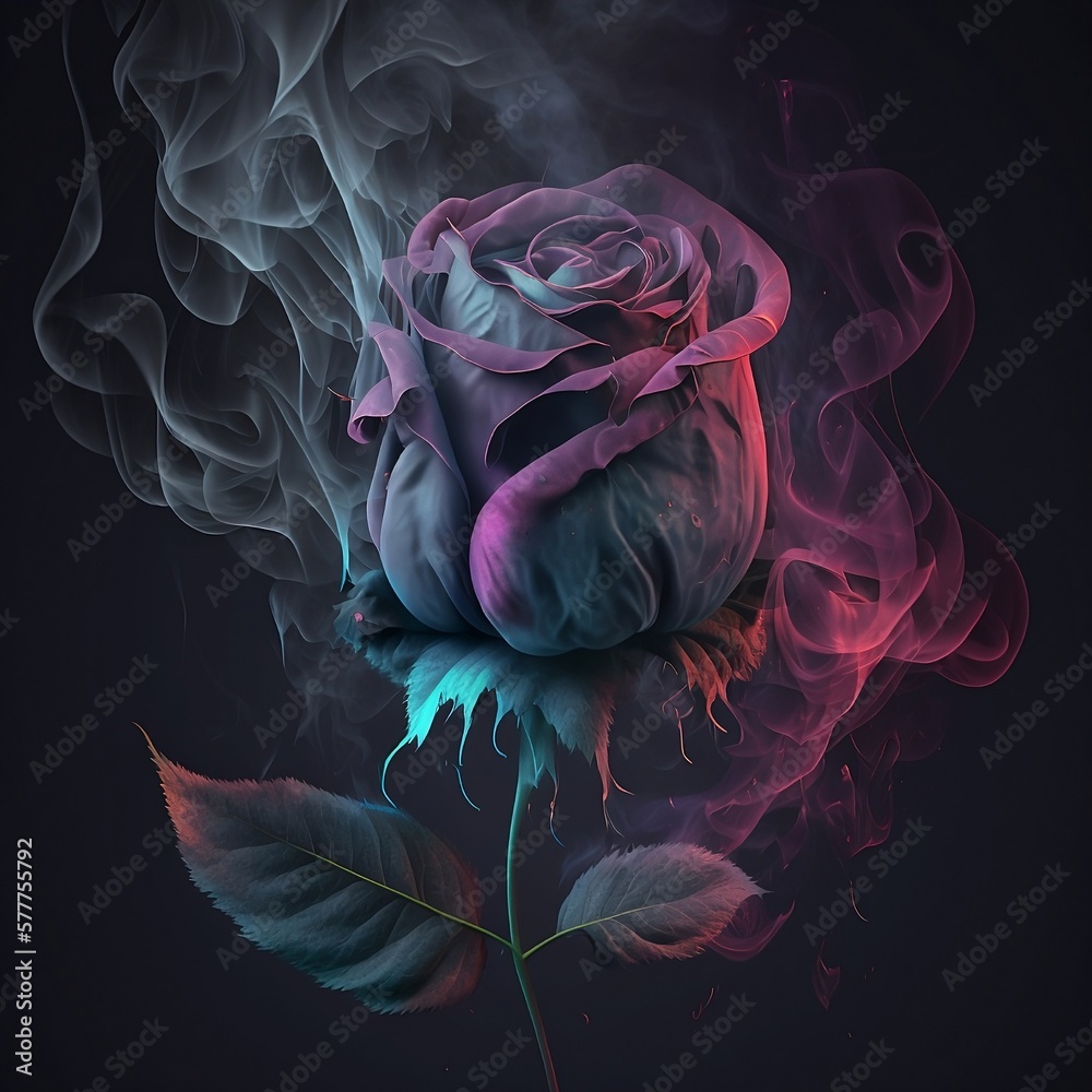 Rose in the smoke.Flower in the smoke on a dark background. Rose and smoke. Growth. Generative AI.