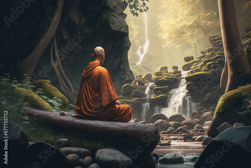 Buddhist monk meditating near a waterfall photo