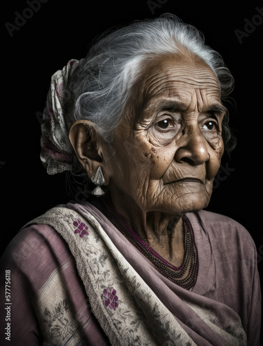  Elderly Lady-Old Indian Woman Portrait-Black Background-Generative AI