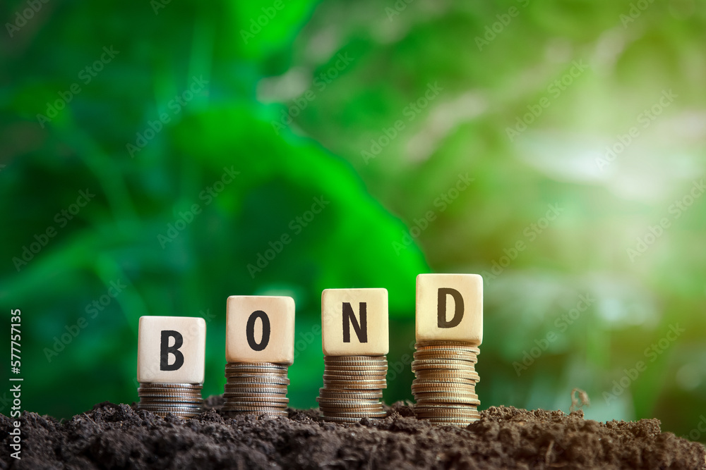 bond on a wooden block placed on a coin  with green bokeh nature background in investment bond concept  Raising Funds to Fund the Green Bond Program - obrazy, fototapety, plakaty 