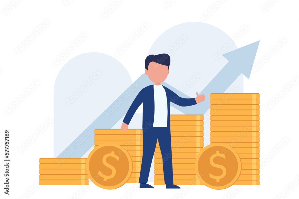 Businessman standing with stack of gold coins and graph points up. Businessman successful investor Businessman standing with stack of gold coins and graph points up. Businessman successful investor