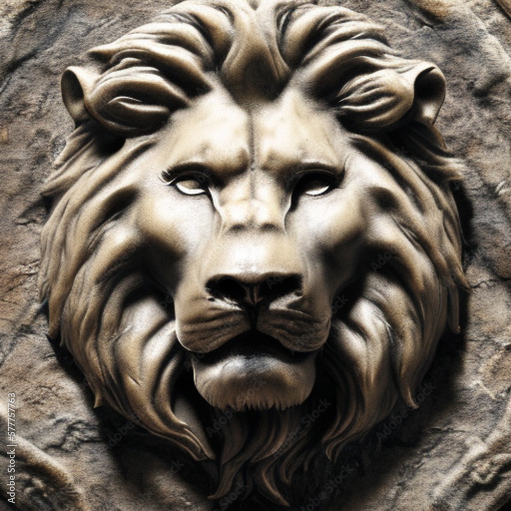 Lion's head - relief of a lion's face with a mane in stone design ai Generated, generative AI, CGI graphics Lion's head - relief of a lion's face with a mane in stone design ai Generated, generative AI, CGI graphics