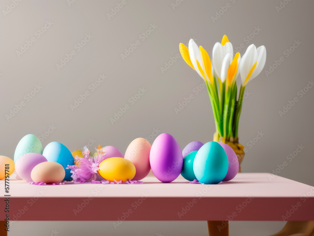 The ornate Easter table setting boasts bright and cheerful pastel-colored decorations, creating a vibrant and festive ambiance for the season The ornate Easter table setting boasts bright and cheerful pastel-colored decorations, creating a vibrant and festive ambiance for the season