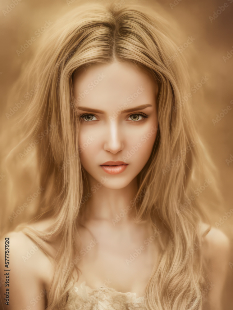 Fototapeta premium Portrait of a stunning woman with luscious long hair and a fashionable dress. Her captivating gaze and alluring smile exude confidence and grace, making her a true vision of beauty