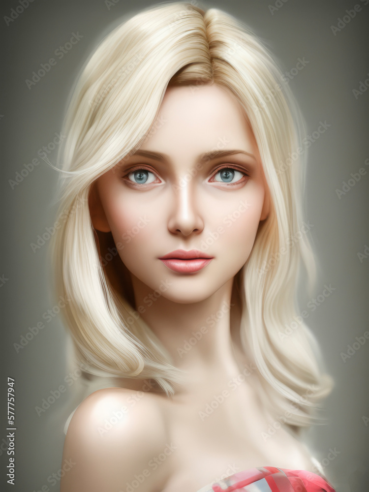 Naklejka premium Portrait of a stunning woman with luscious long hair and a fashionable dress. Her captivating gaze and alluring smile exude confidence and grace, making her a true vision of beauty