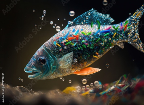 Micro plastics in fish on black background. Concept of marine pollution including e microfibers from clothing, microbeads and plastic pellets. Generative AI. photo