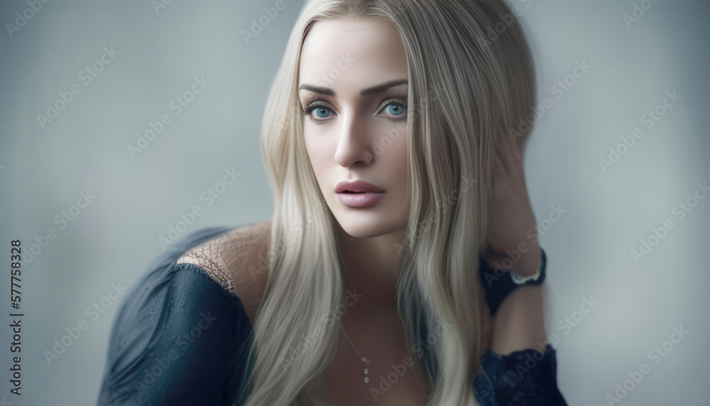 Naklejka premium Portrait of a stunning woman with luscious long hair and a fashionable dress. Her captivating gaze and alluring smile exude confidence and grace, making her a true vision of beauty