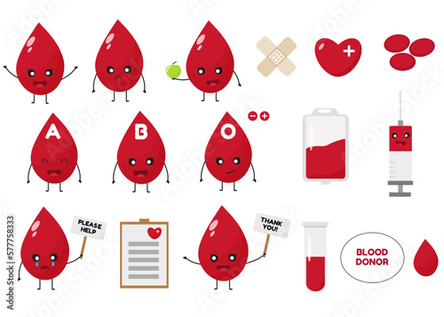 Big blood donor set. Blood bag, hearts, cute blood drops, rh factor. Vector illustration
