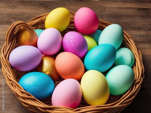 A cluster of vibrant Easter eggs sits on a lush green lawn in bright daylight, their smooth shells gleaming in the sunlight