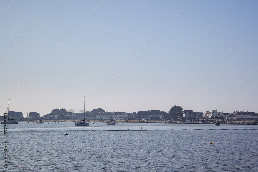 Port Louis, Bretagne, France : Beautiful view of Gâvres from Port Louis, very sunny day, boat on the sea