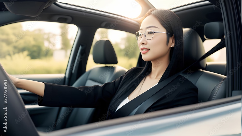 photo of asian woman driving a car, generative art by A.I.