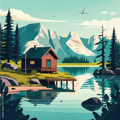 Serene Mountain Lake Cabin Amidst Lush Forest and Majestic Peaks: Flat Vector Illustration with Social Media Space