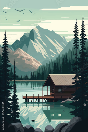 Serene Mountain Lake Cabin Amidst Lush Forest and Majestic Peaks: Flat Vector Illustration with Social Media Space