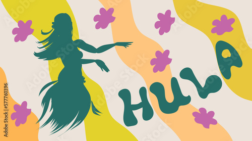 Green silhouette of hula dancer with title on colored background