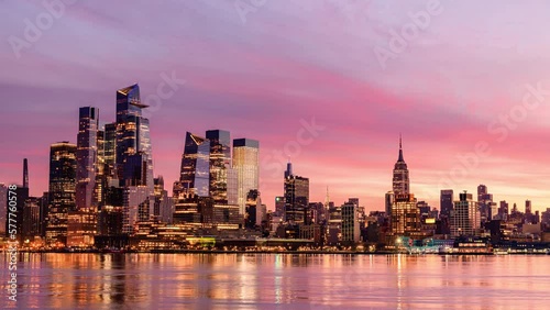 New York City Hudson Yards and Midtown Skyline, Pink Sky Sunrise Timelapse Video, February 2023